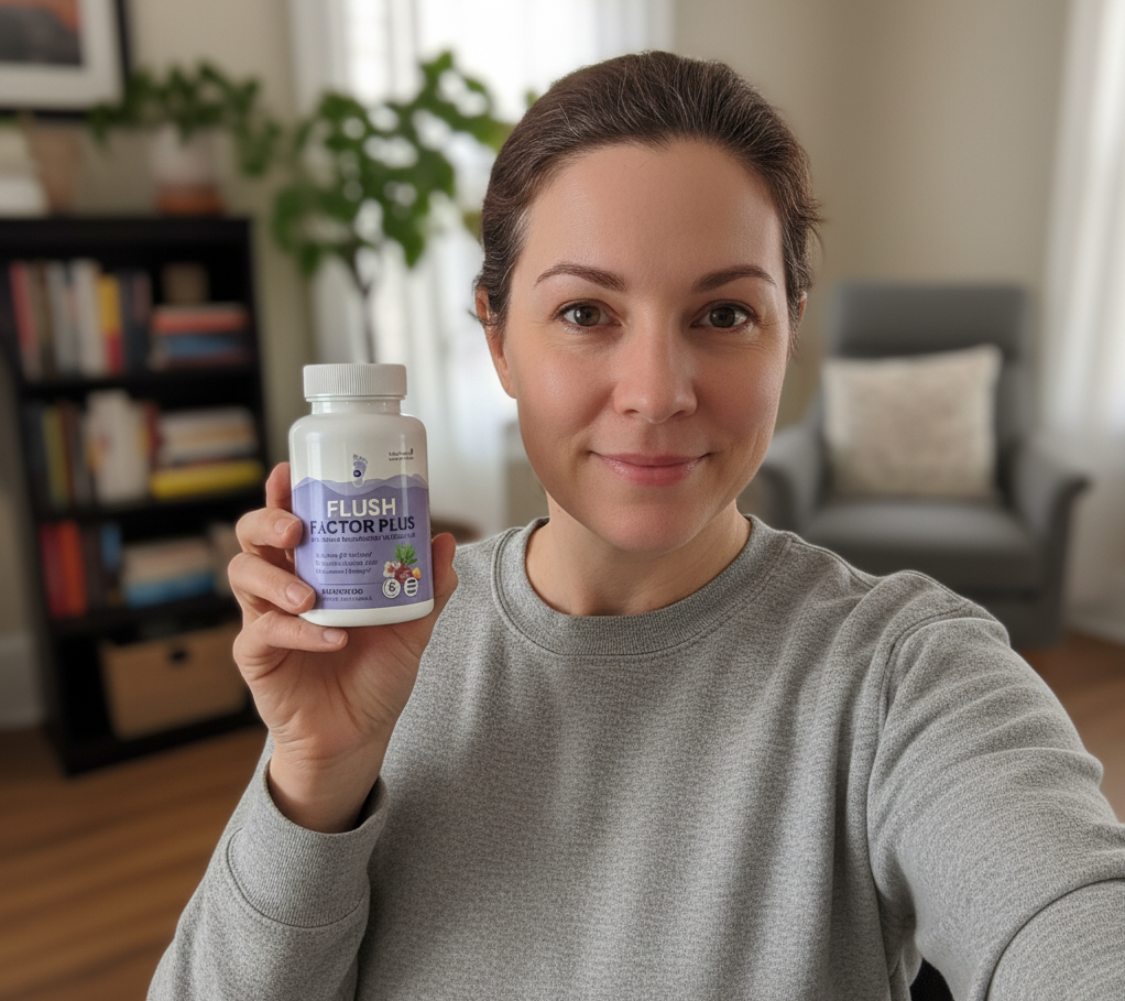 Mulher feliz segurando o frasco do Flush Factor Plus